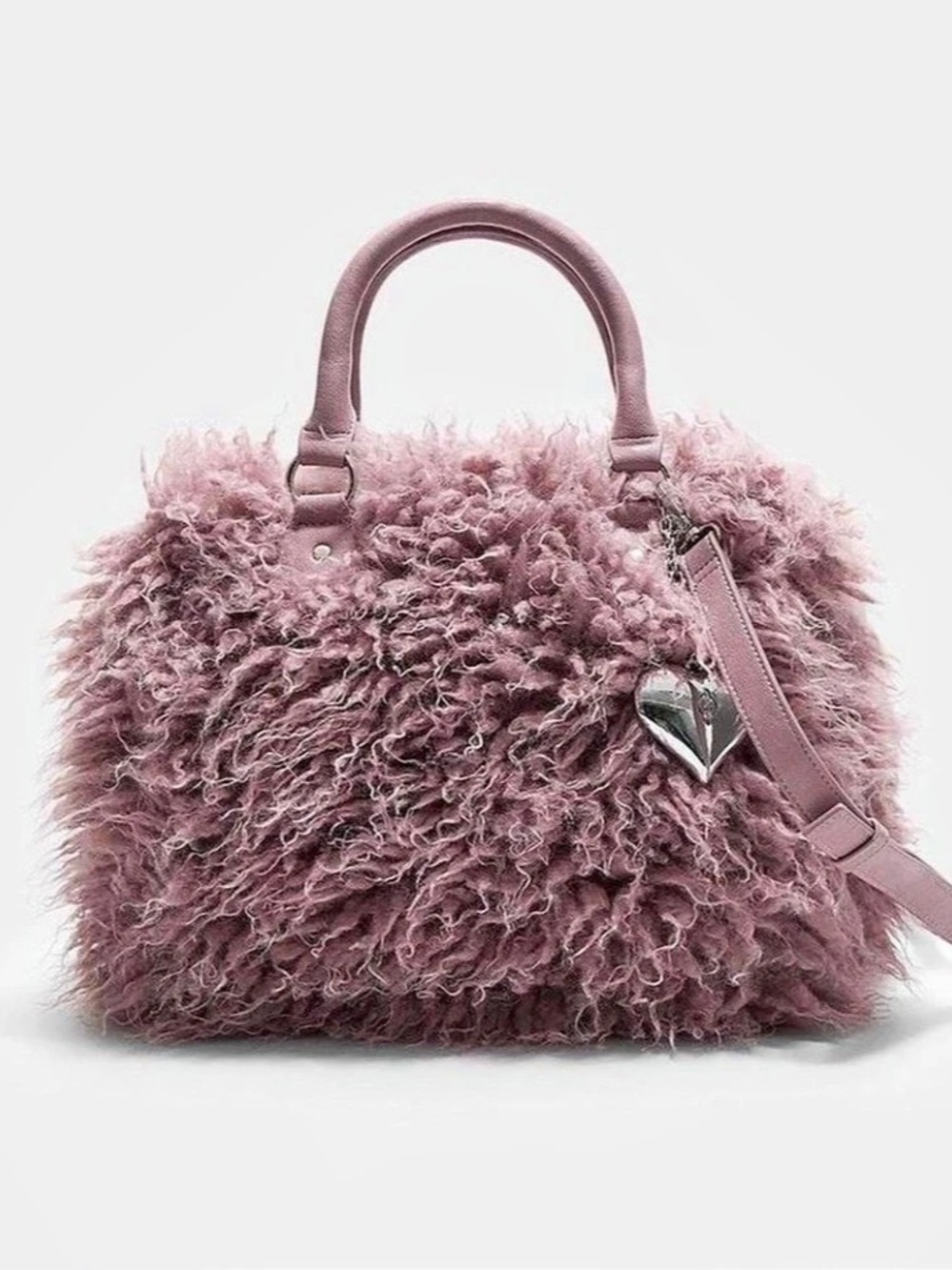 Stradivarius Faux Fur Heart Bowling Bag Pink